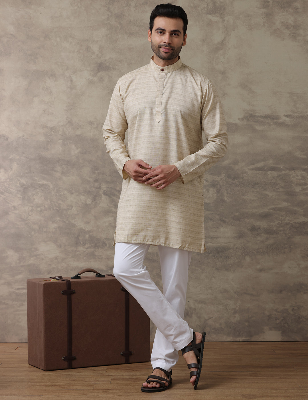 Men Medium Length Pocket Kurta Light Brown