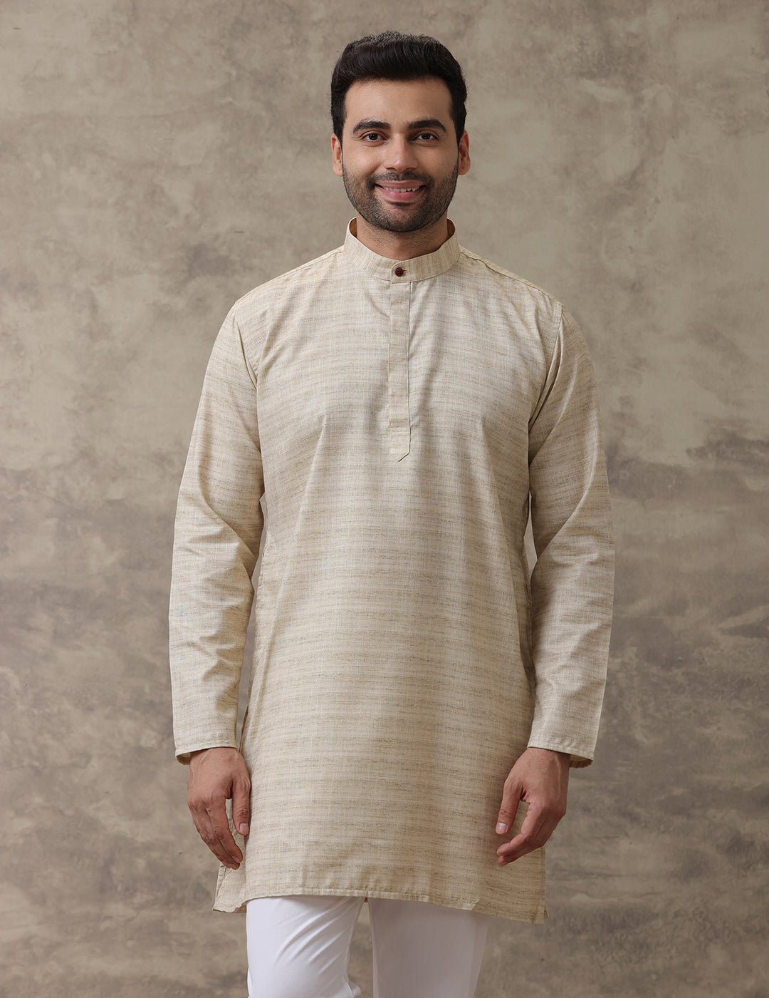 Men Medium Length Pocket Kurta Light Brown