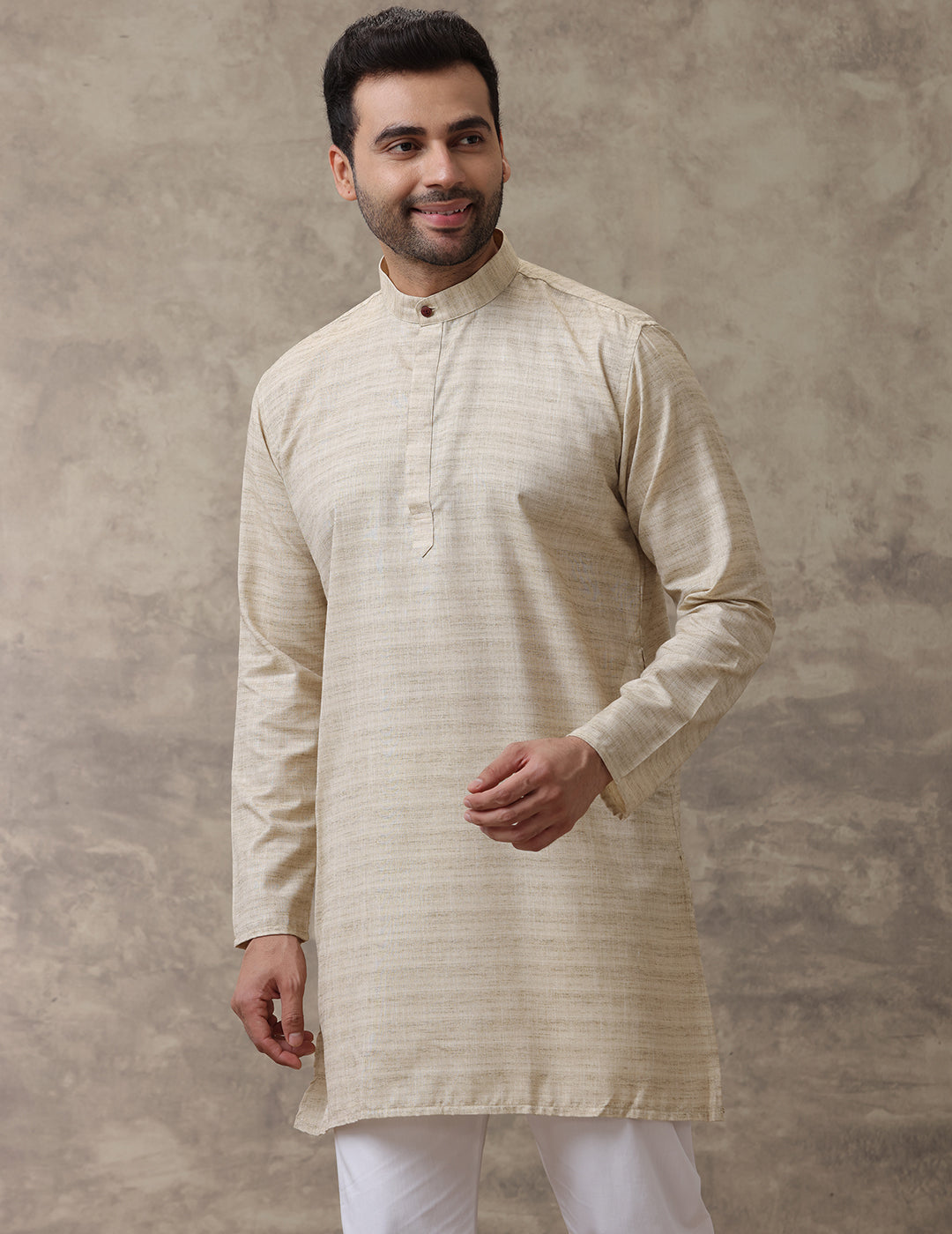 Men Medium Length Pocket Kurta Light Brown