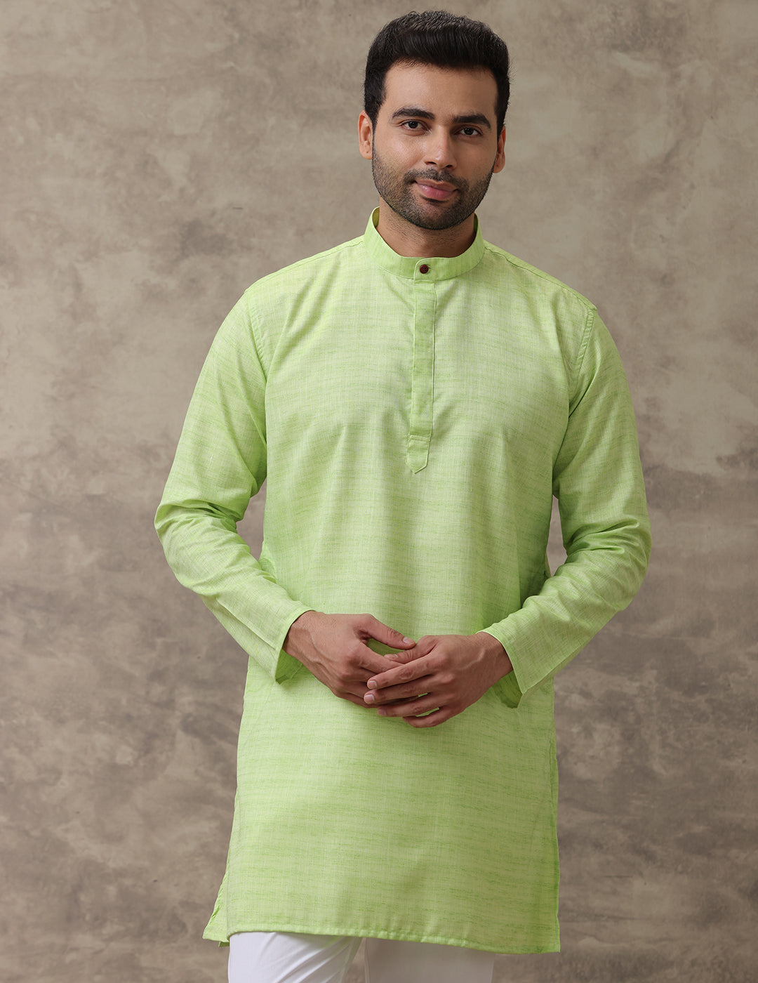 Men Medium Length Pocket Kurta Yellowish Green