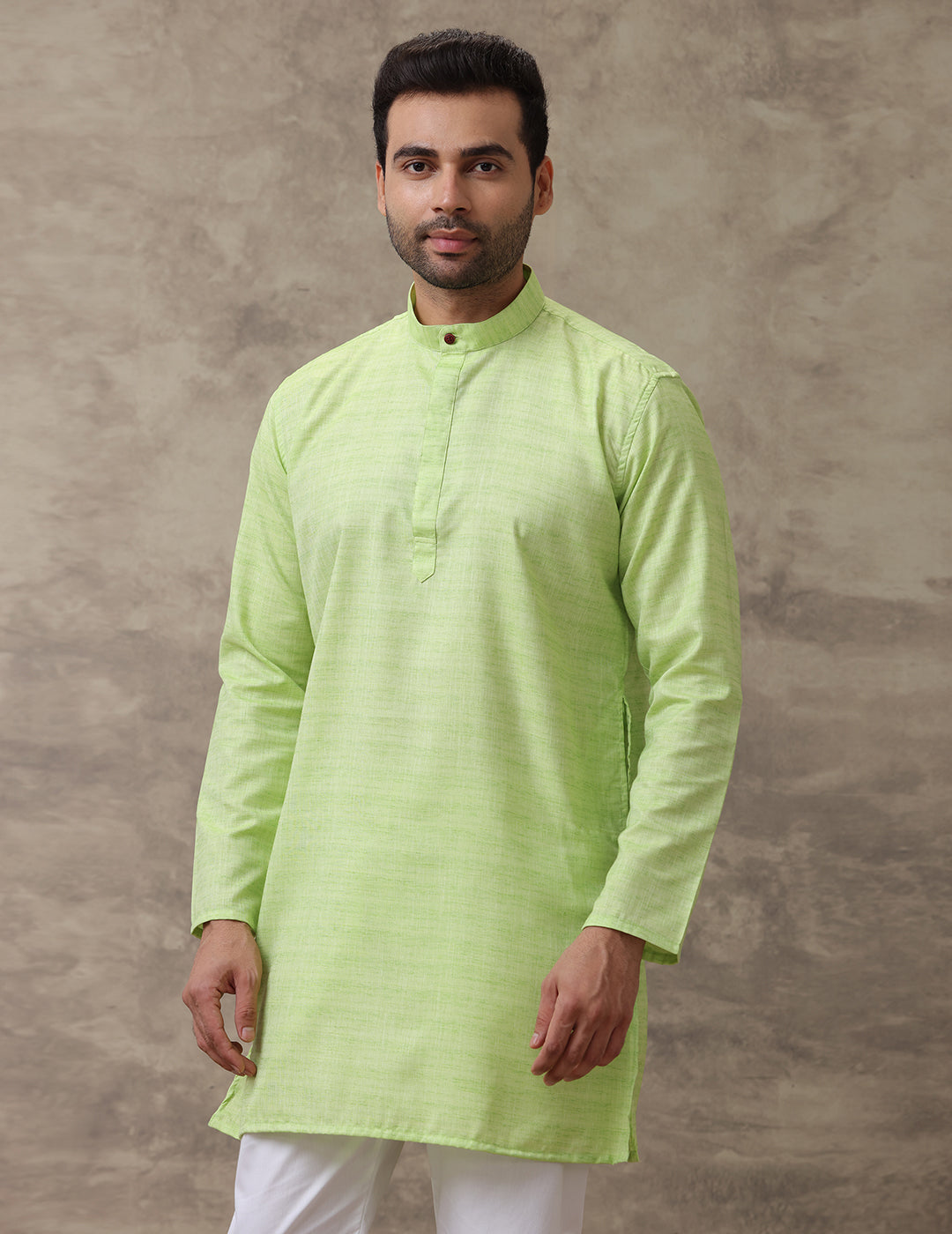 Men Medium Length Pocket Kurta Yellowish Green