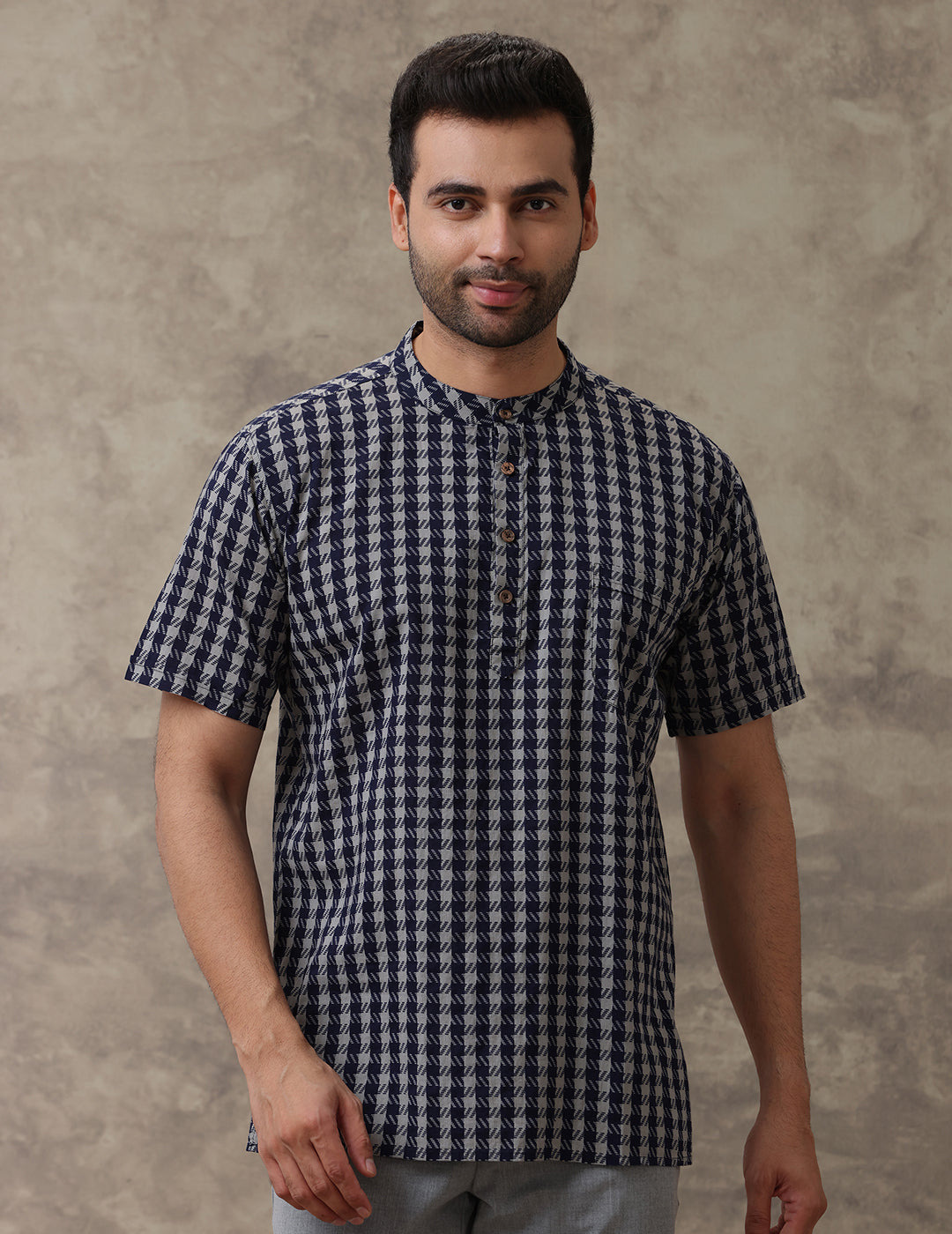 Men Short Length Printed Pocket Kurta Grey Blue_OB15