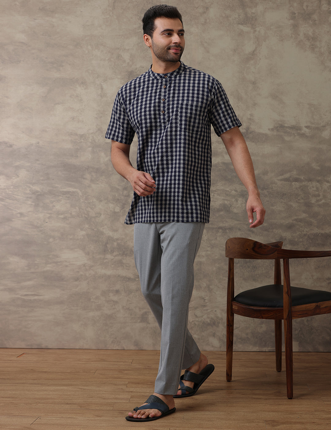 Men Short Length Printed Pocket Kurta Grey Blue_OB15