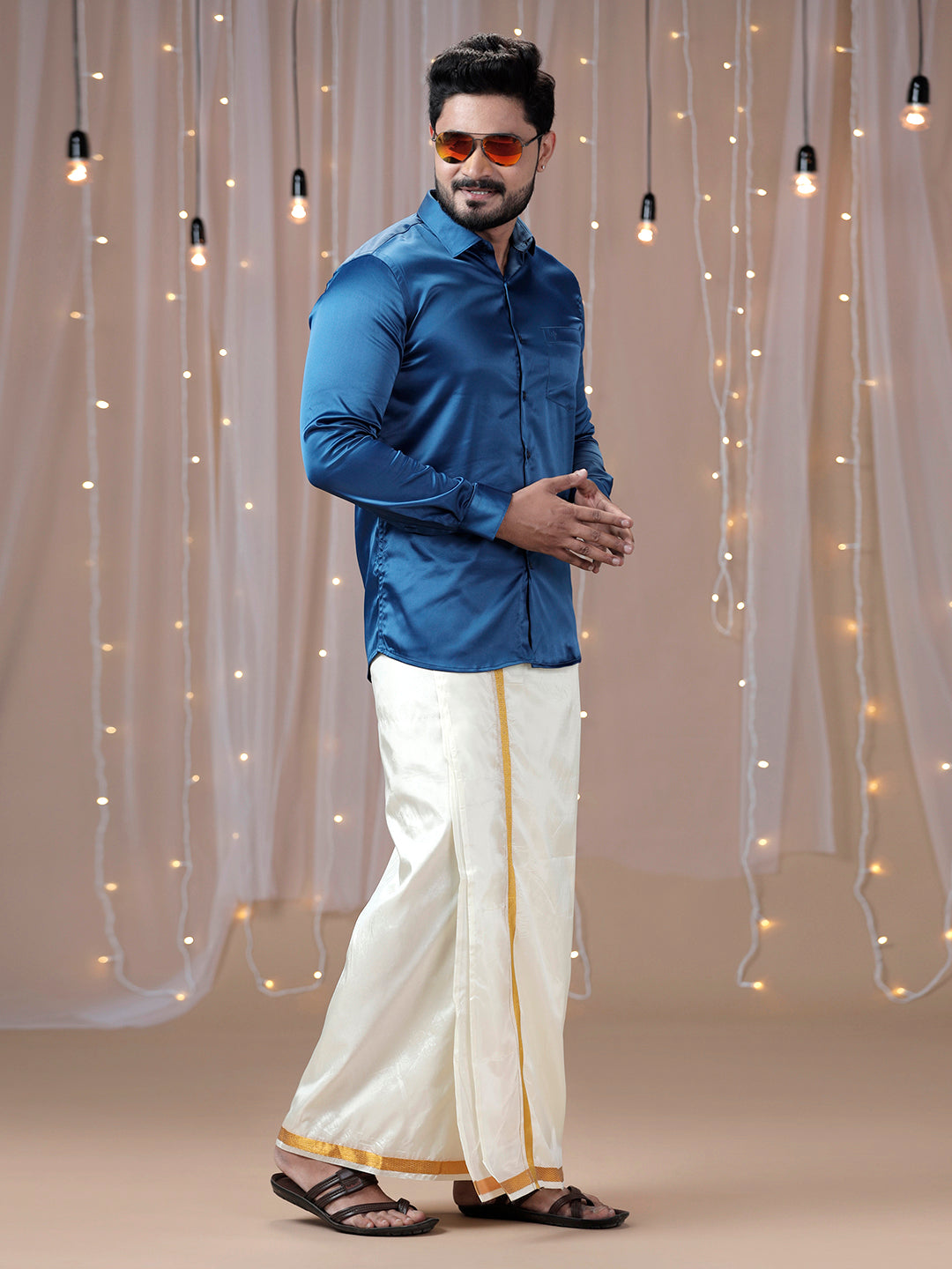Mens Dark Blue Full Sleeves Shirt with Art Silk Double Dhoti Combo PS4-Side alternative view