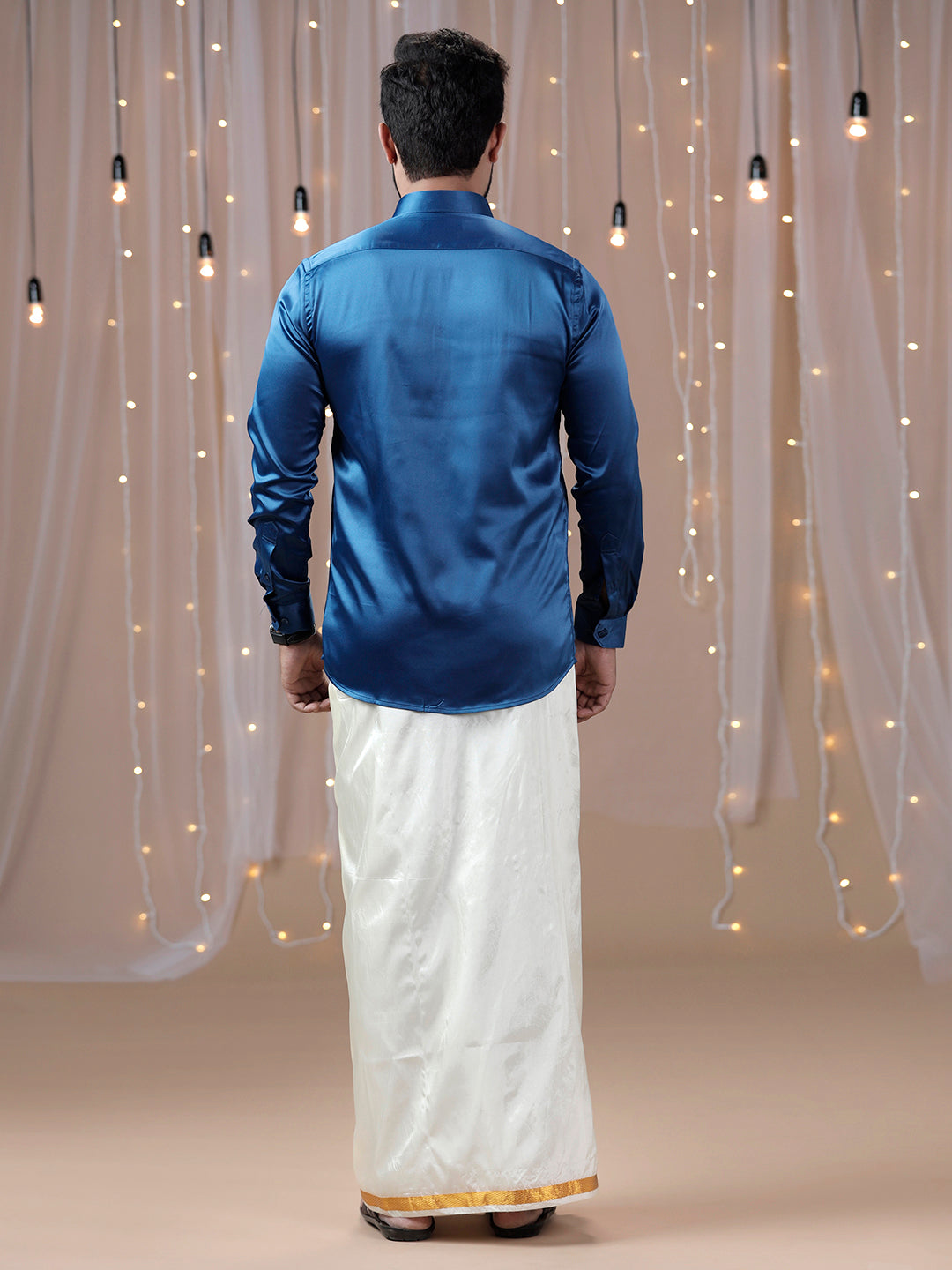 Mens Dark Blue Full Sleeves Shirt with Art Silk Double Dhoti Combo PS4-Back view