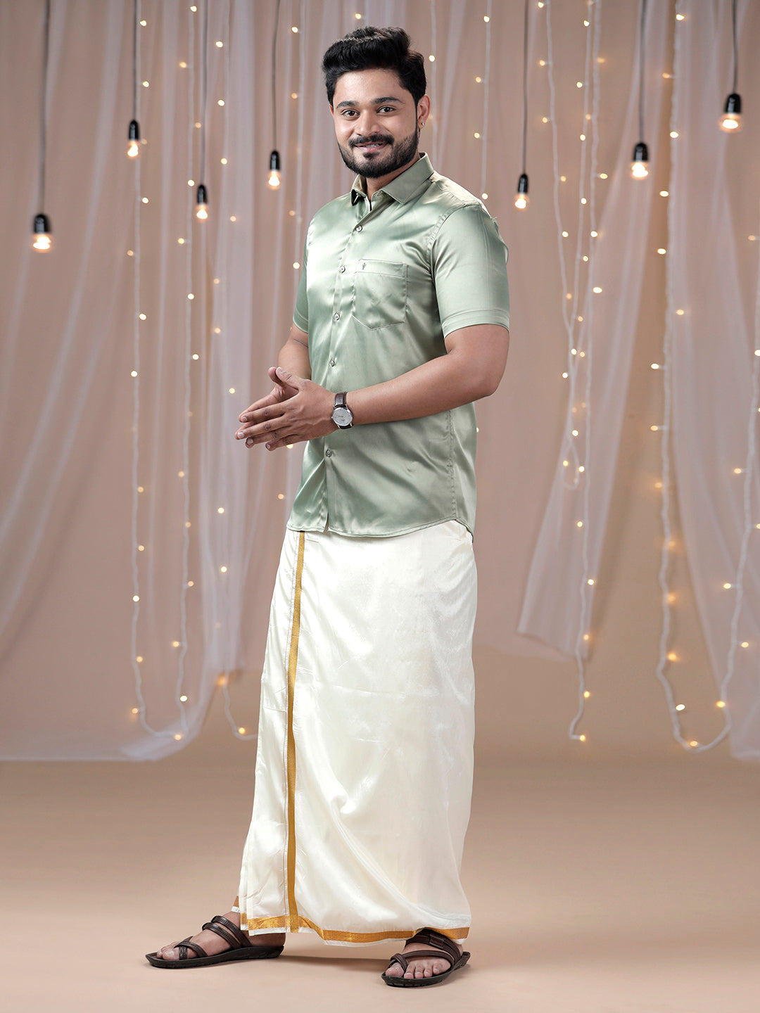 Mens Olive Green Half Sleeves Shirt with Art Silk Double Dhoti Combo PS1-Side alternative view