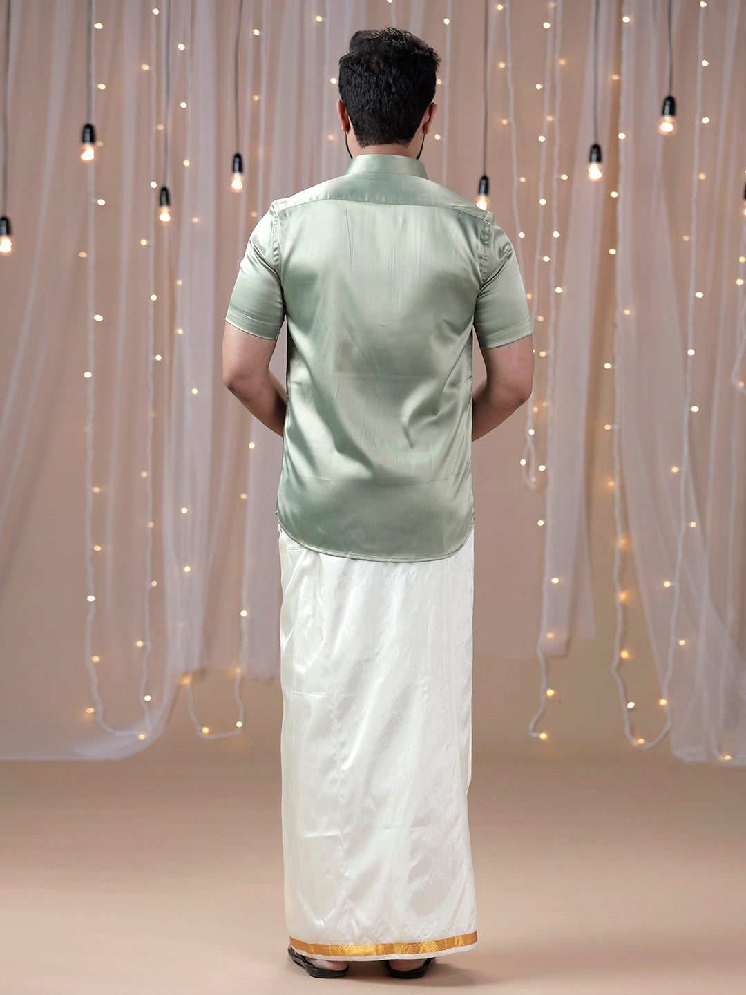 Mens Olive Green Half Sleeves Shirt with Art Silk Double Dhoti Combo PS1-Back view