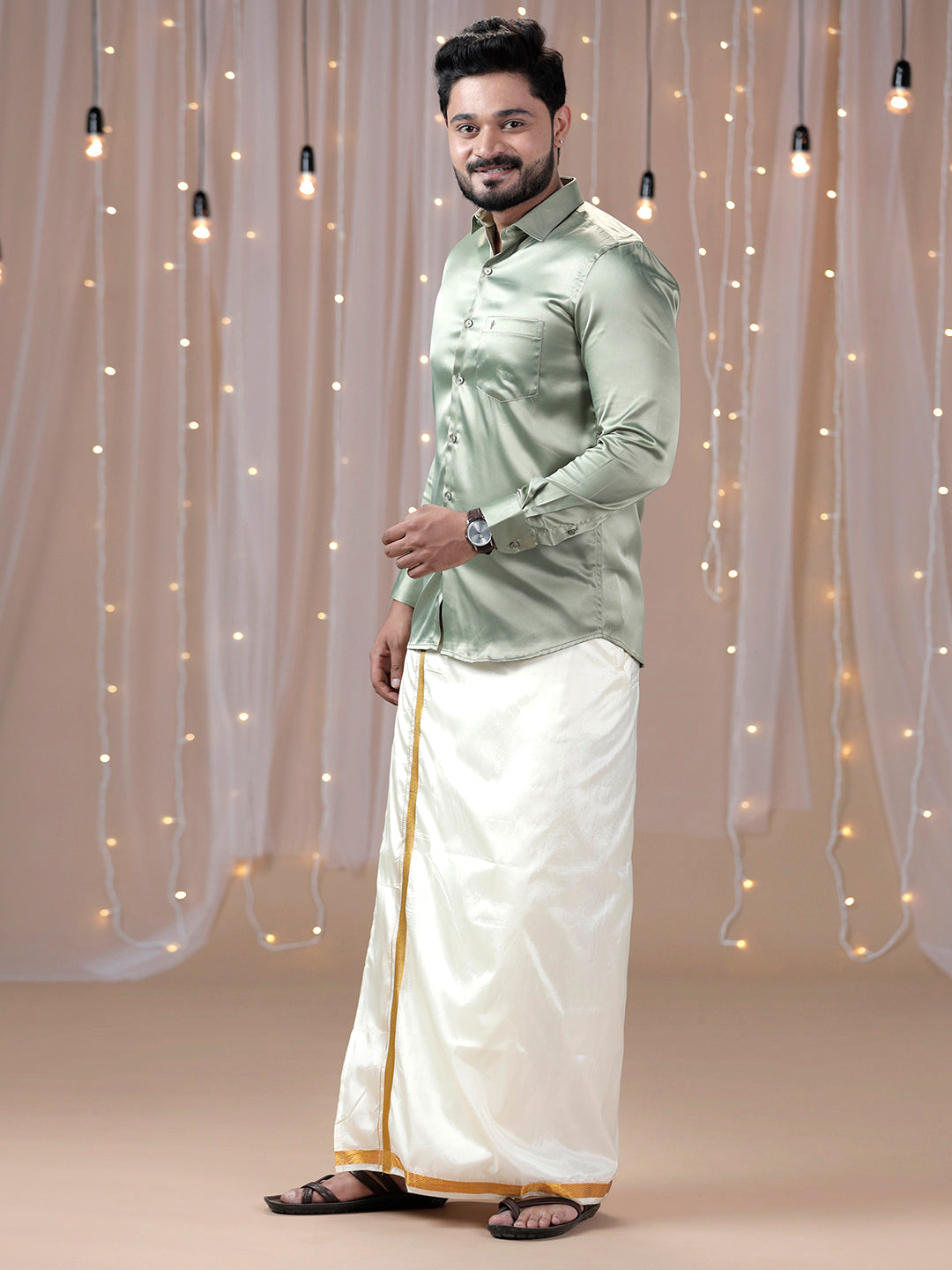 Mens Olive Green Full Sleeves Shirt with Art Silk Double Dhoti Combo PS1-Side alternative view