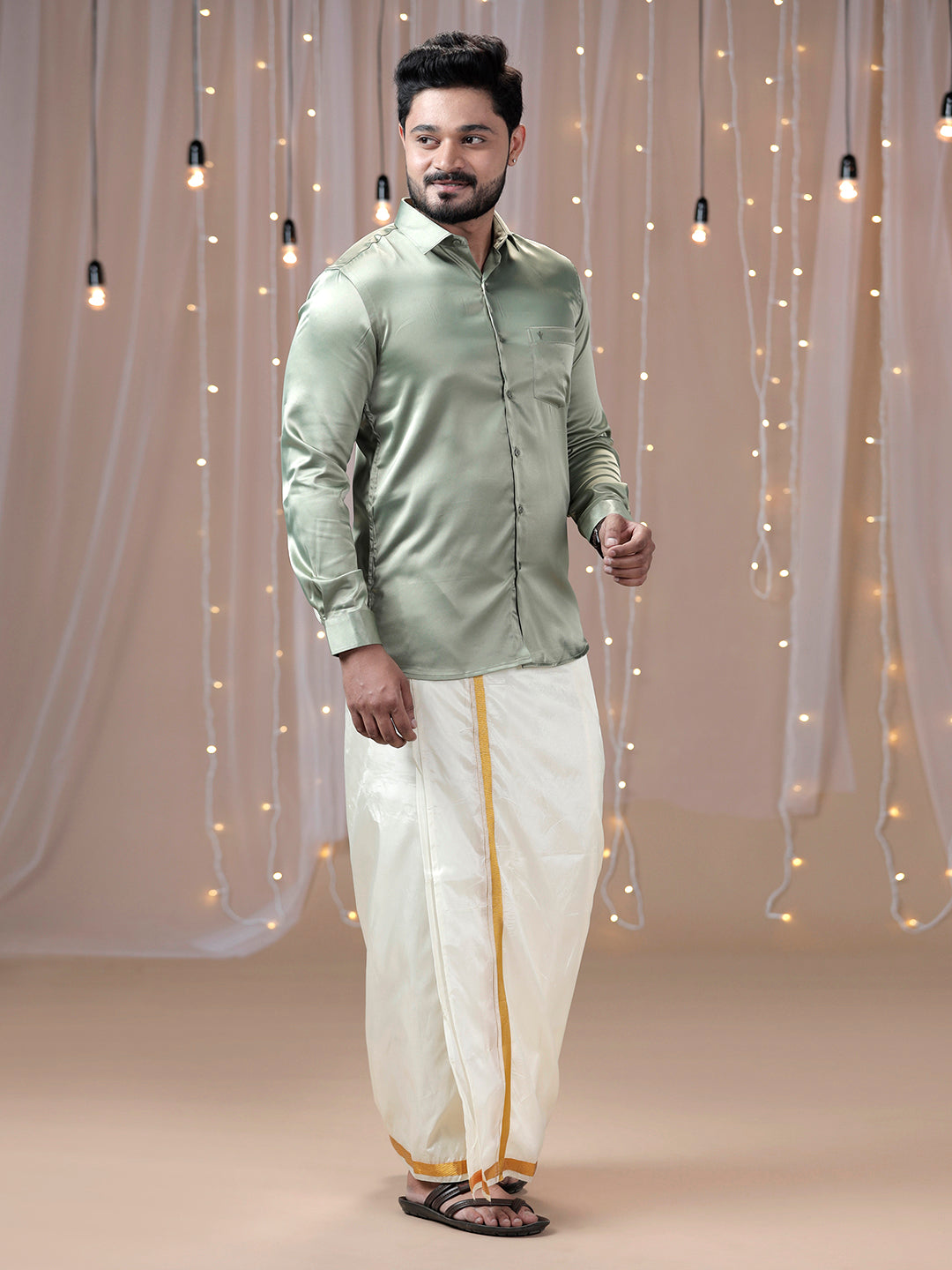 Mens Olive Green Full Sleeves Shirt with Art Silk Double Dhoti Combo PS1-Front view
