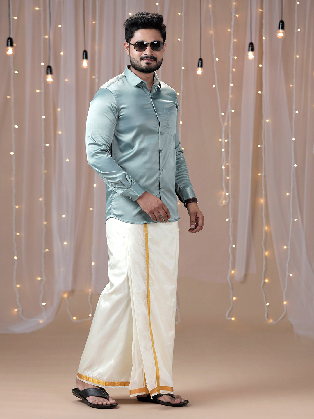 Mens Grayish Green Full Sleeves Shirt with Art Silk Double Dhoti Combo PS8-Side view