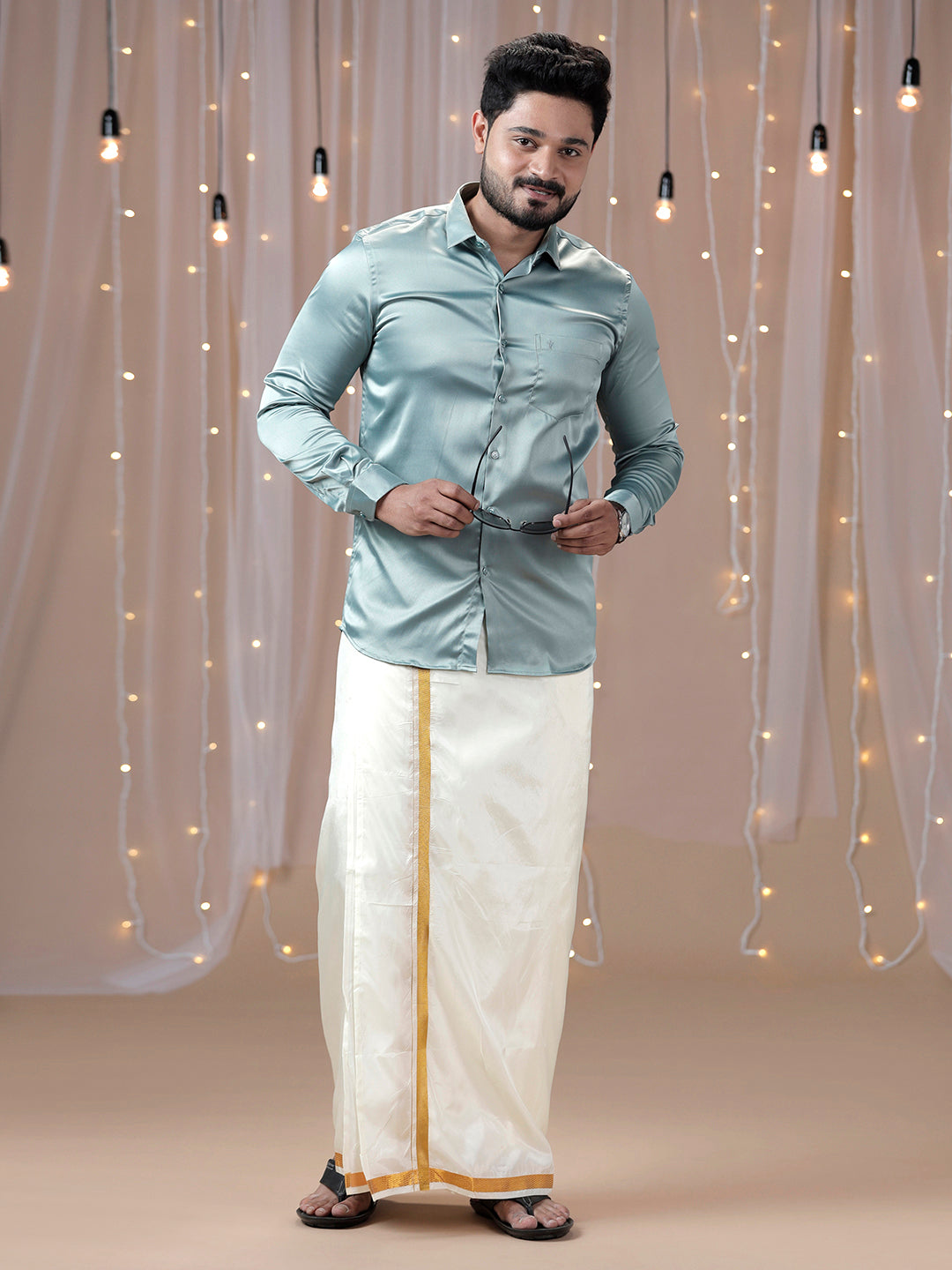 Mens Grayish Green Full Sleeves Shirt with Art Silk Double Dhoti Combo PS8-Front view