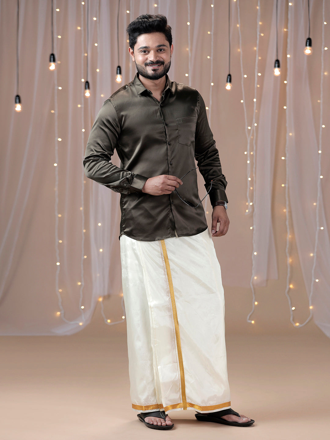 Mens Grayish Brown Full Sleeves Shirt with Art Silk Double Dhoti Combo PS10-Front view