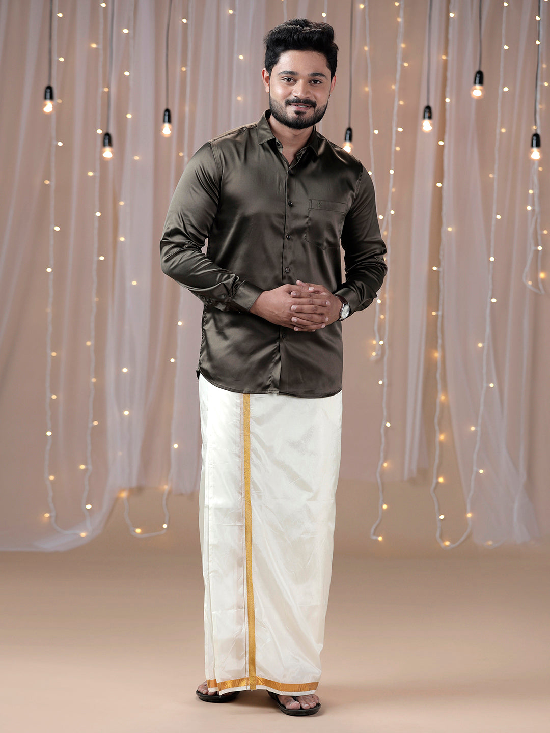 Mens Grayish Brown Full Sleeves Shirt with Art Silk Double Dhoti Combo PS10-Front alternative view