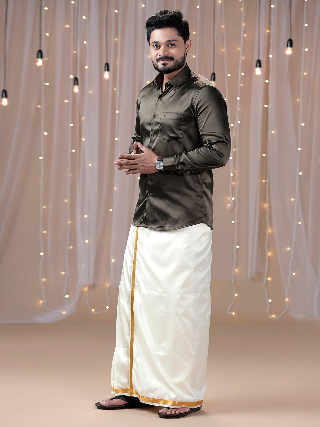 Mens Grayish Brown Full Sleeves Shirt with Art Silk Double Dhoti Combo PS10-Side view