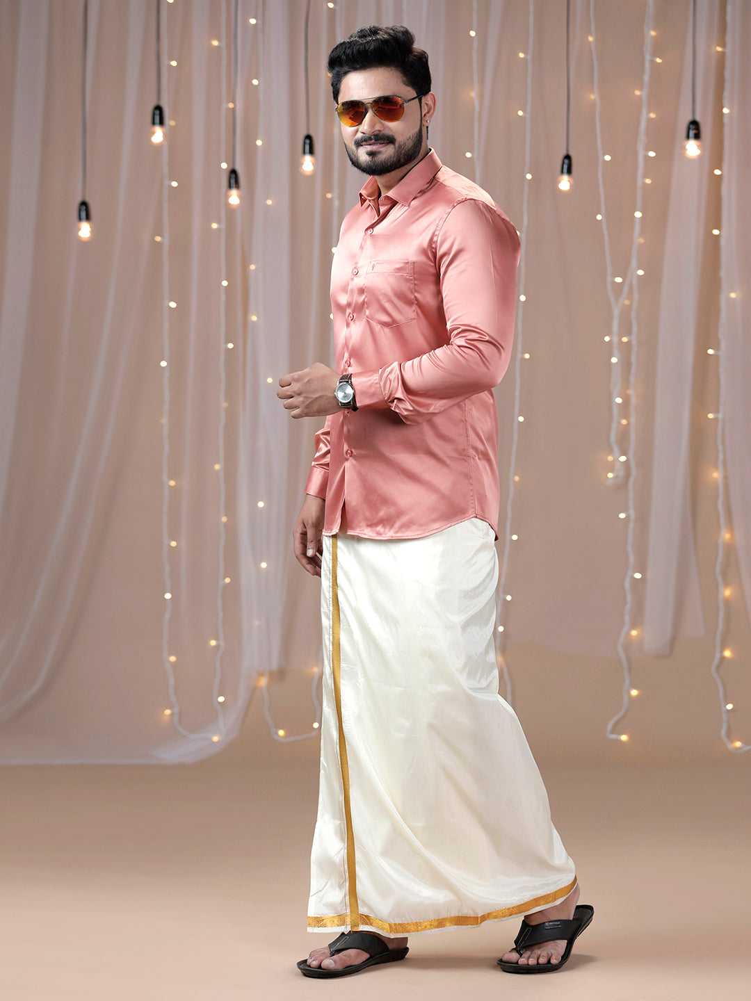 Mens Dark Peach Full Sleeves Shirt with Art Silk Double Dhoti Combo PS3-Side view