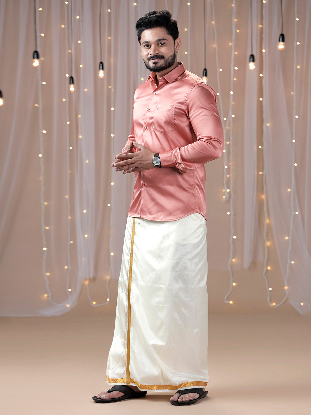 Mens Dark Peach Full Sleeves Shirt with Art Silk Double Dhoti Combo PS3-Side alternative view
