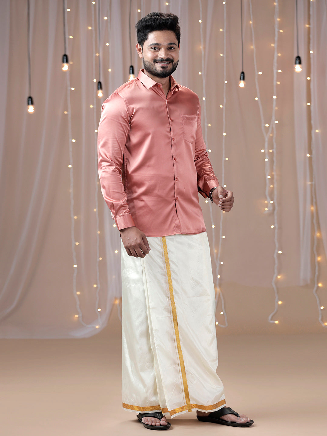 Mens Dark Peach Full Sleeves Shirt with Art Silk Double Dhoti Combo PS3-Front view