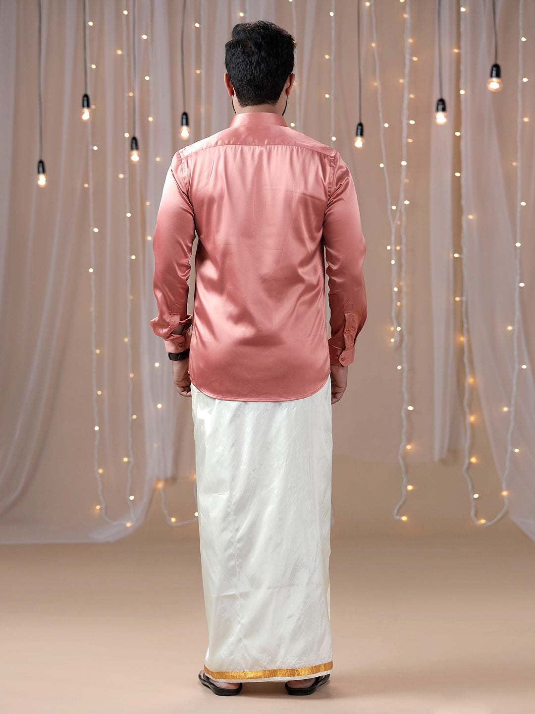 Mens Dark Peach Full Sleeves Shirt with Art Silk Double Dhoti Combo PS3-Back view