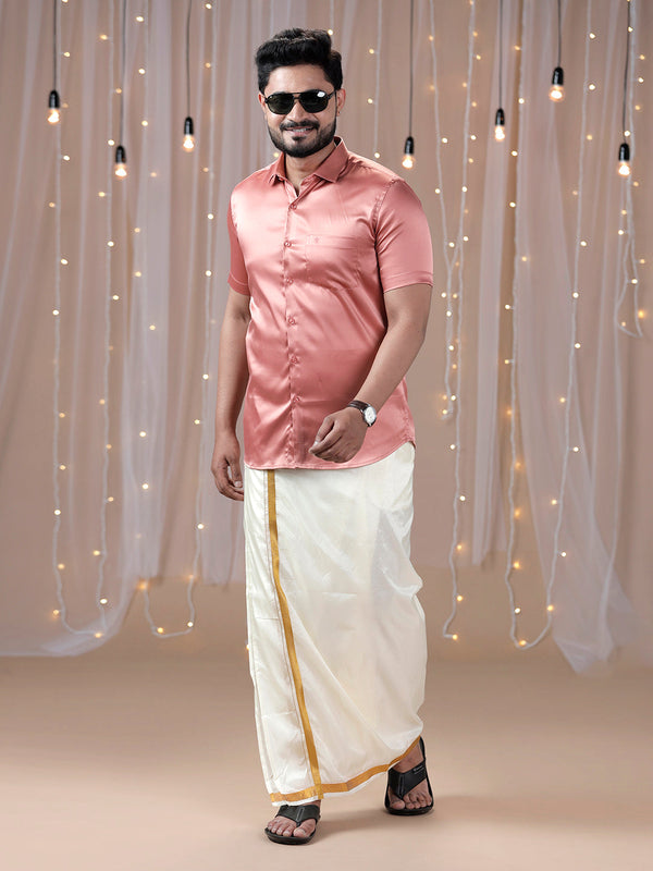 Mens Dark Peach Half Sleeves Shirt with Art Silk Double Dhoti Combo PS3