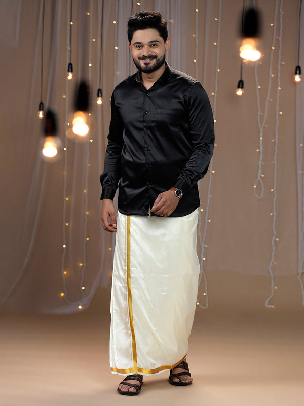 Mens Black Full Sleeves Shirt with Art Silk Double Dhoti Combo PS5