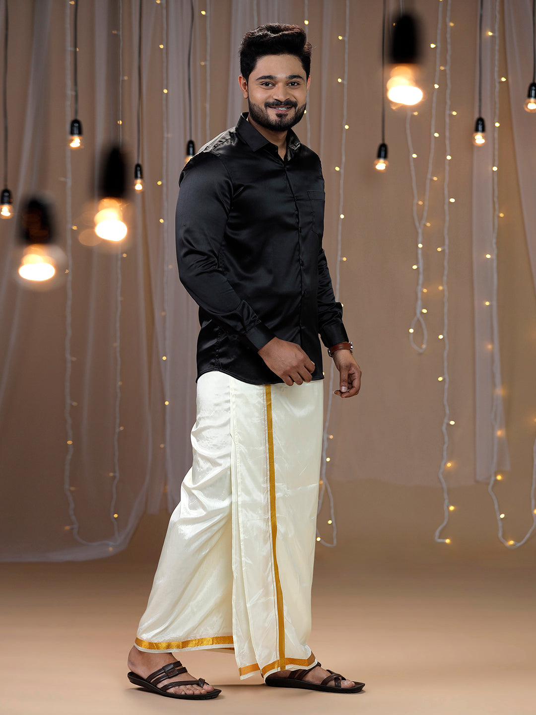 Mens Black Full Sleeves Shirt with Art Silk Double Dhoti Combo PS5-Side view