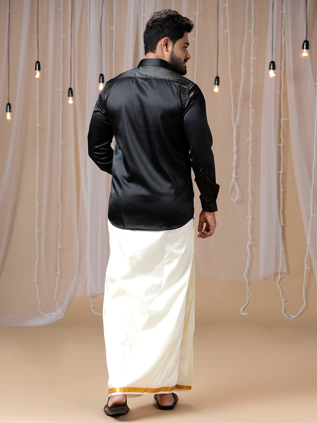 Mens Black Full Sleeves Shirt with Art Silk Double Dhoti Combo PS5-Back view