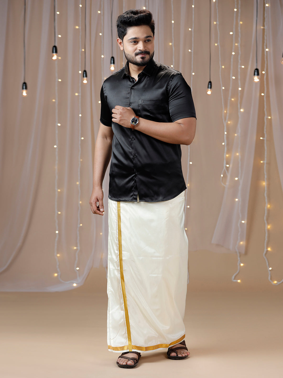 Mens Black Half Sleeves Shirt with Art Silk Double Dhoti Combo PS5