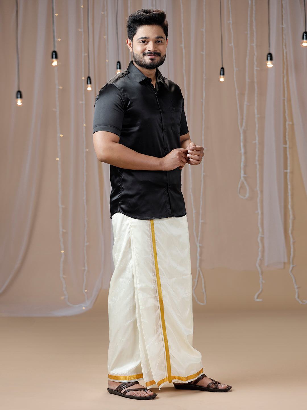 Mens Black Half Sleeves Shirt with Art Silk Double Dhoti Combo PS5-Side view