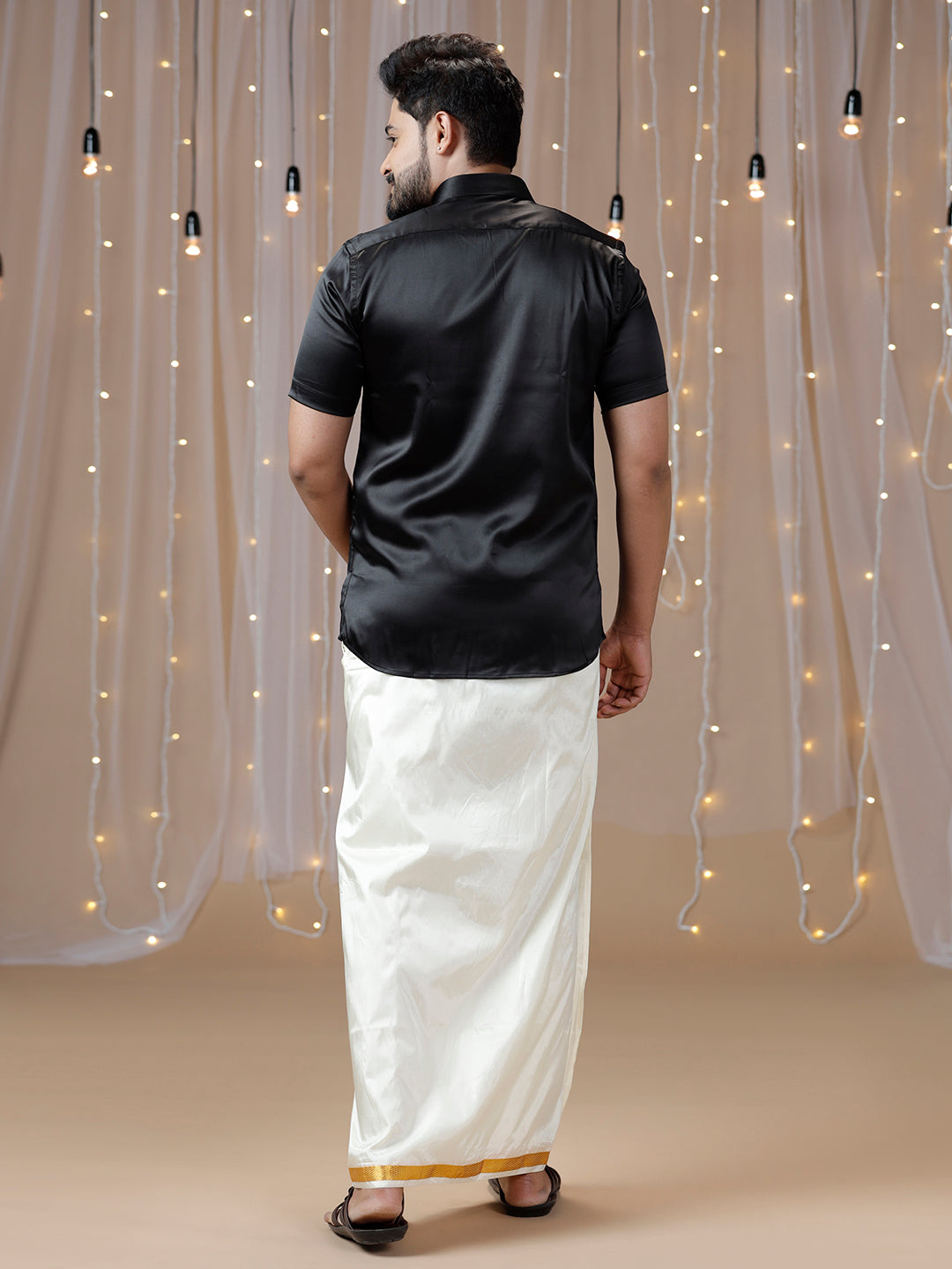 Mens Black Half Sleeves Shirt with Art Silk Double Dhoti Combo PS5-Back view