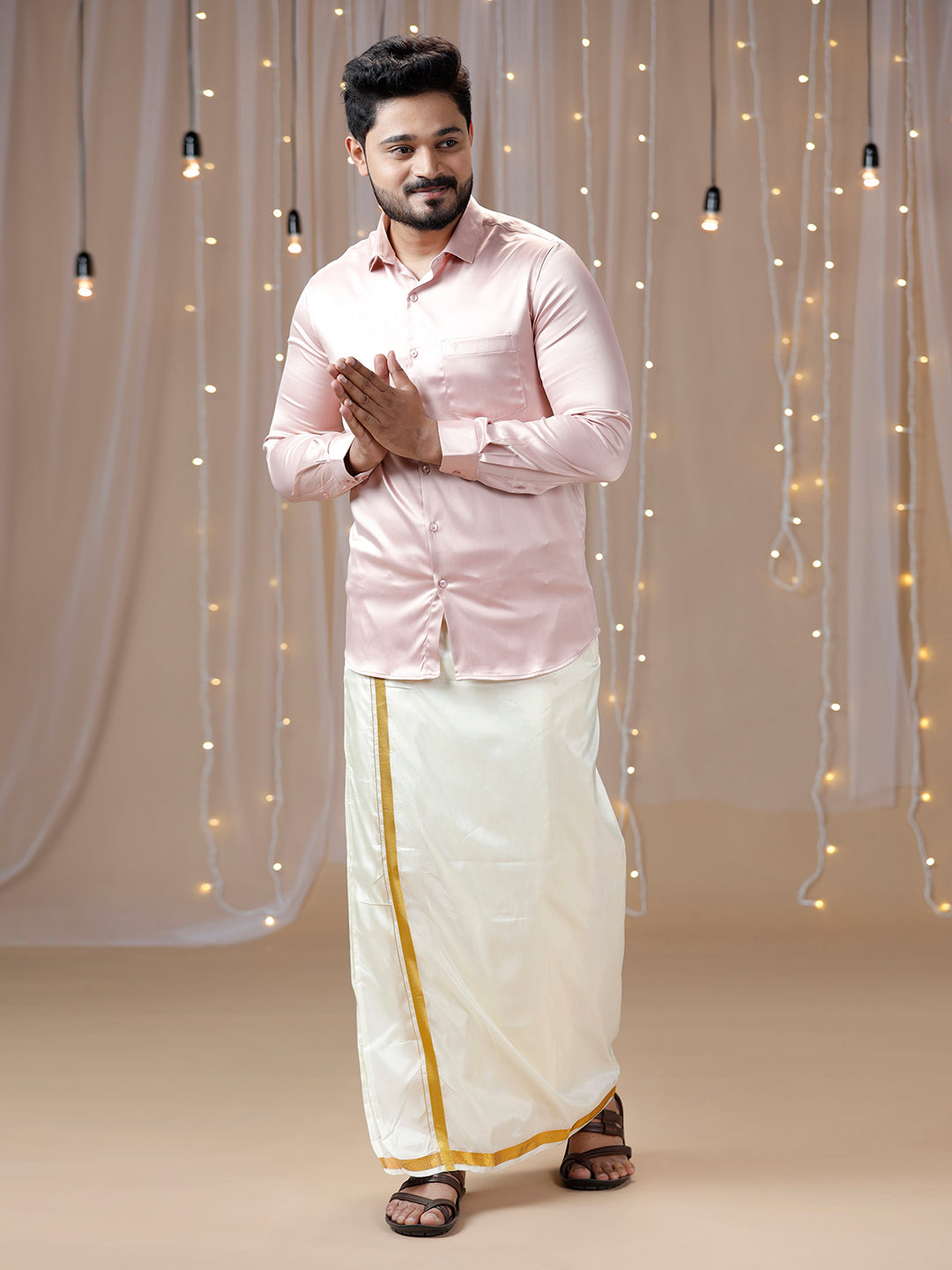 Mens Pink Full Sleeves Shirt with Art Silk Double Dhoti Combo PS9