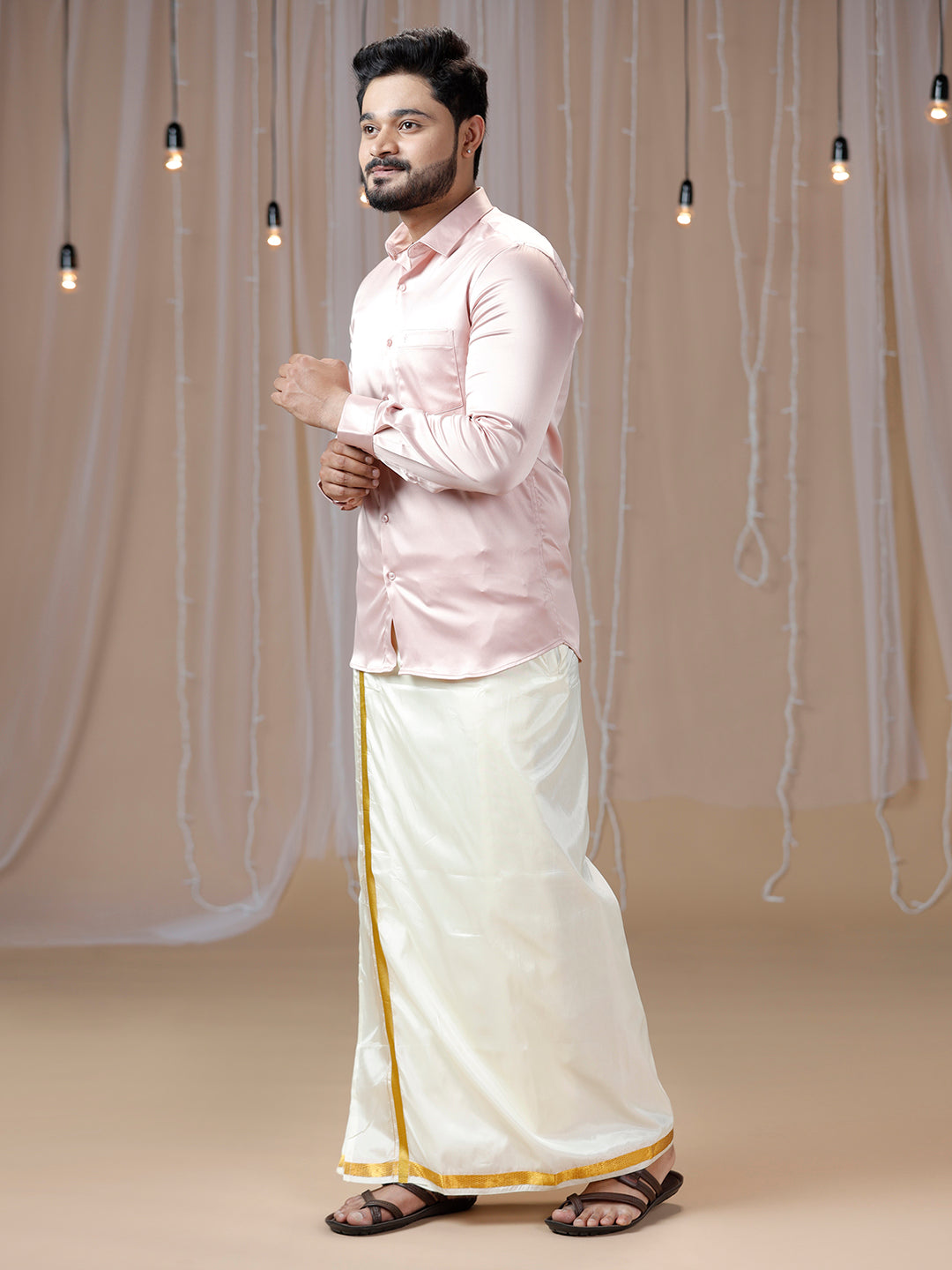 Mens Pink Full Sleeves Shirt with Art Silk Double Dhoti Combo PS9-Side view