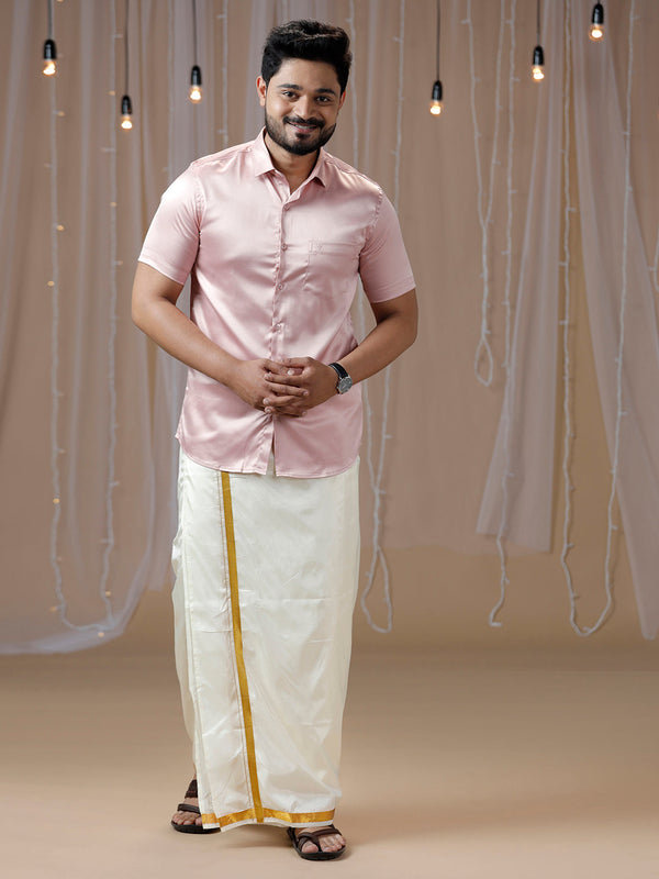 Mens Pink Half Sleeves Shirt with Art Silk Double Dhoti Combo PS9