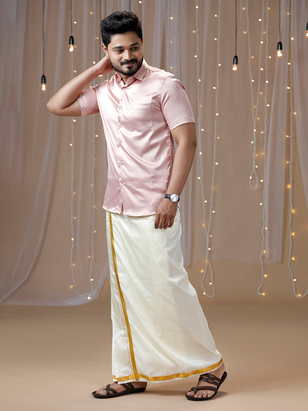 Mens Pink Half Sleeves Shirt with Art Silk Double Dhoti Combo PS9-Side view