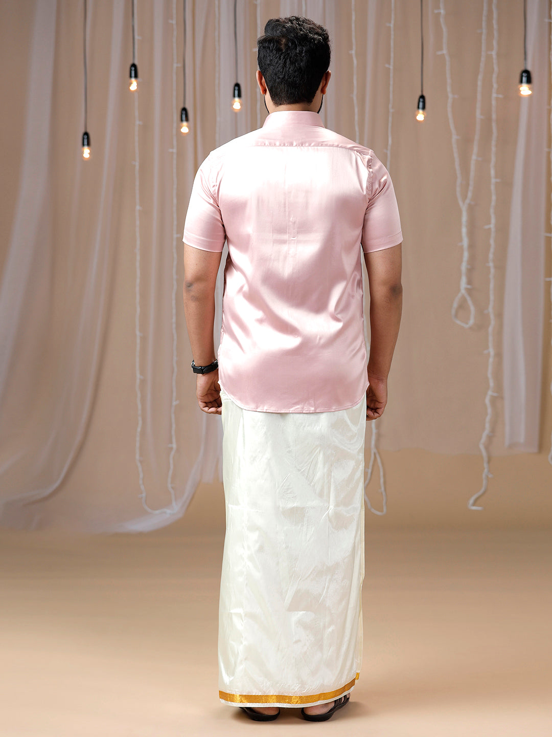 Mens Pink Half Sleeves Shirt with Art Silk Double Dhoti Combo PS9-Back view