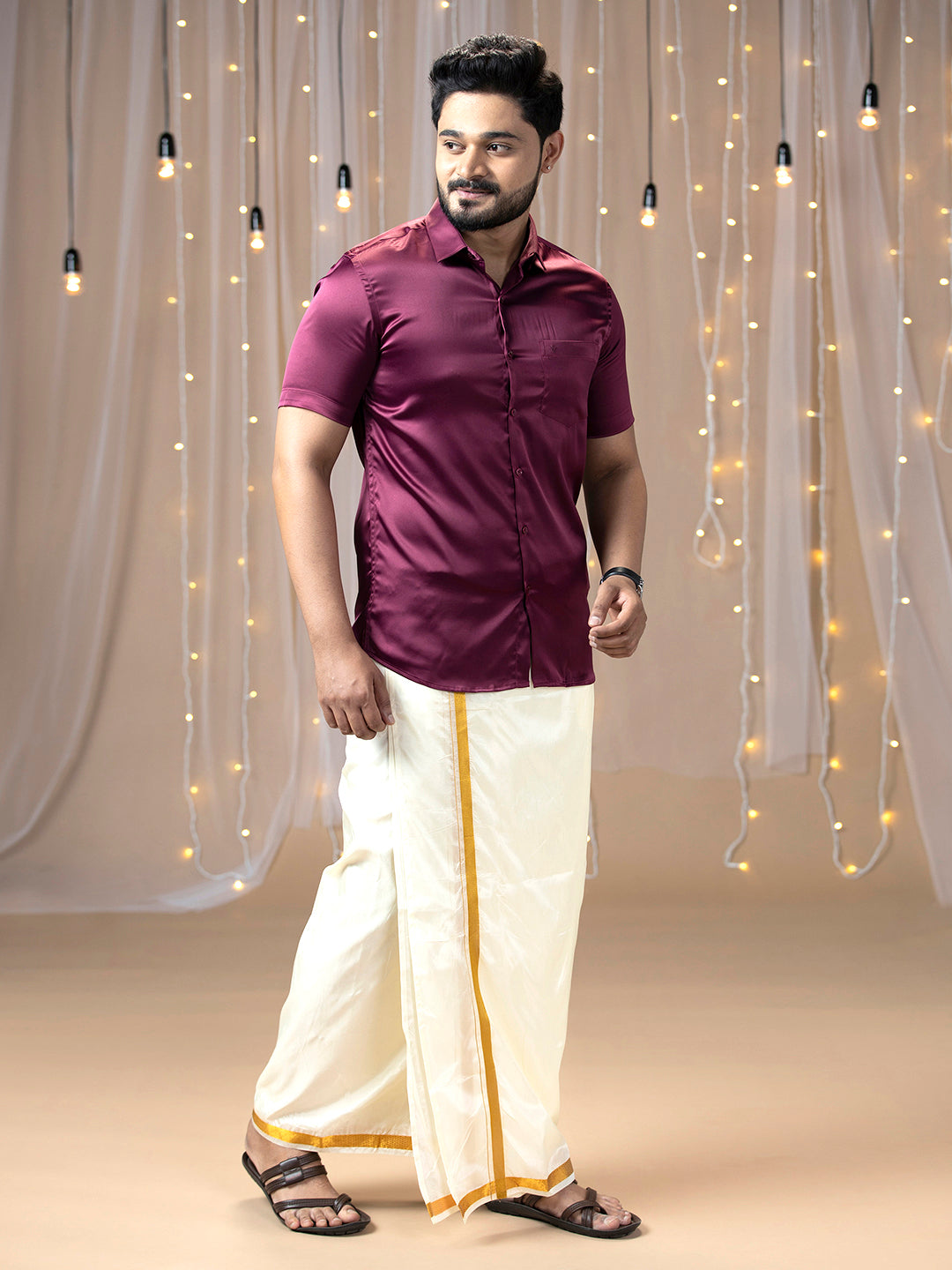 Mens Purple Half Sleeves Shirt with Art Silk Double Dhoti Combo PS7-Side view