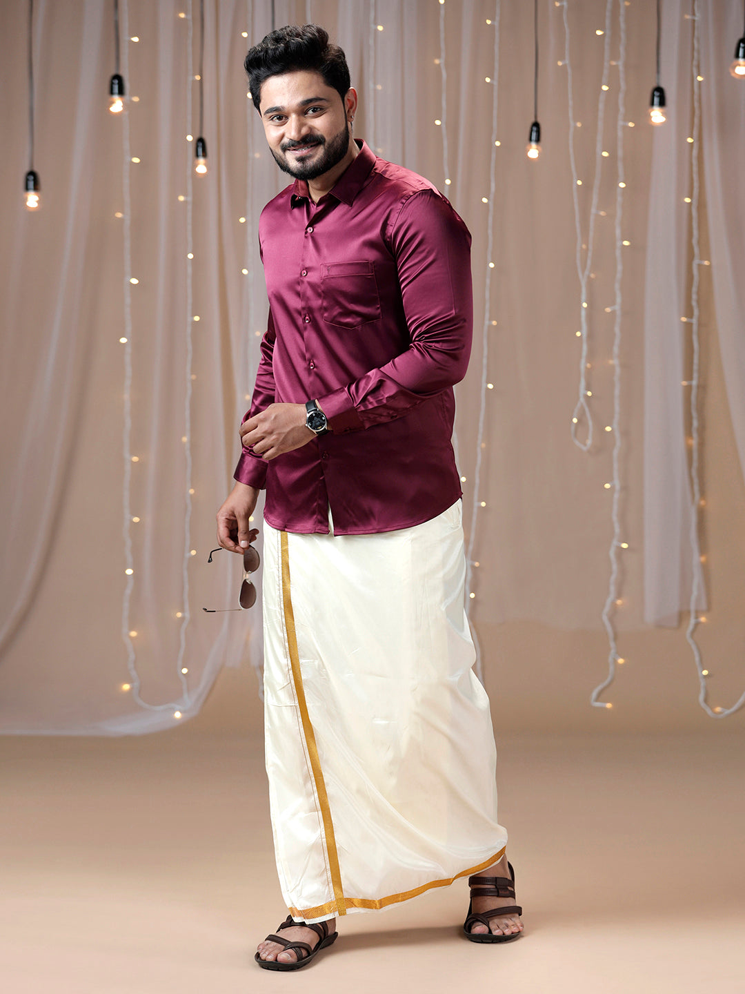 Mens Purple Full Sleeves Shirt with Art Silk Double Dhoti Combo PS7-Side view