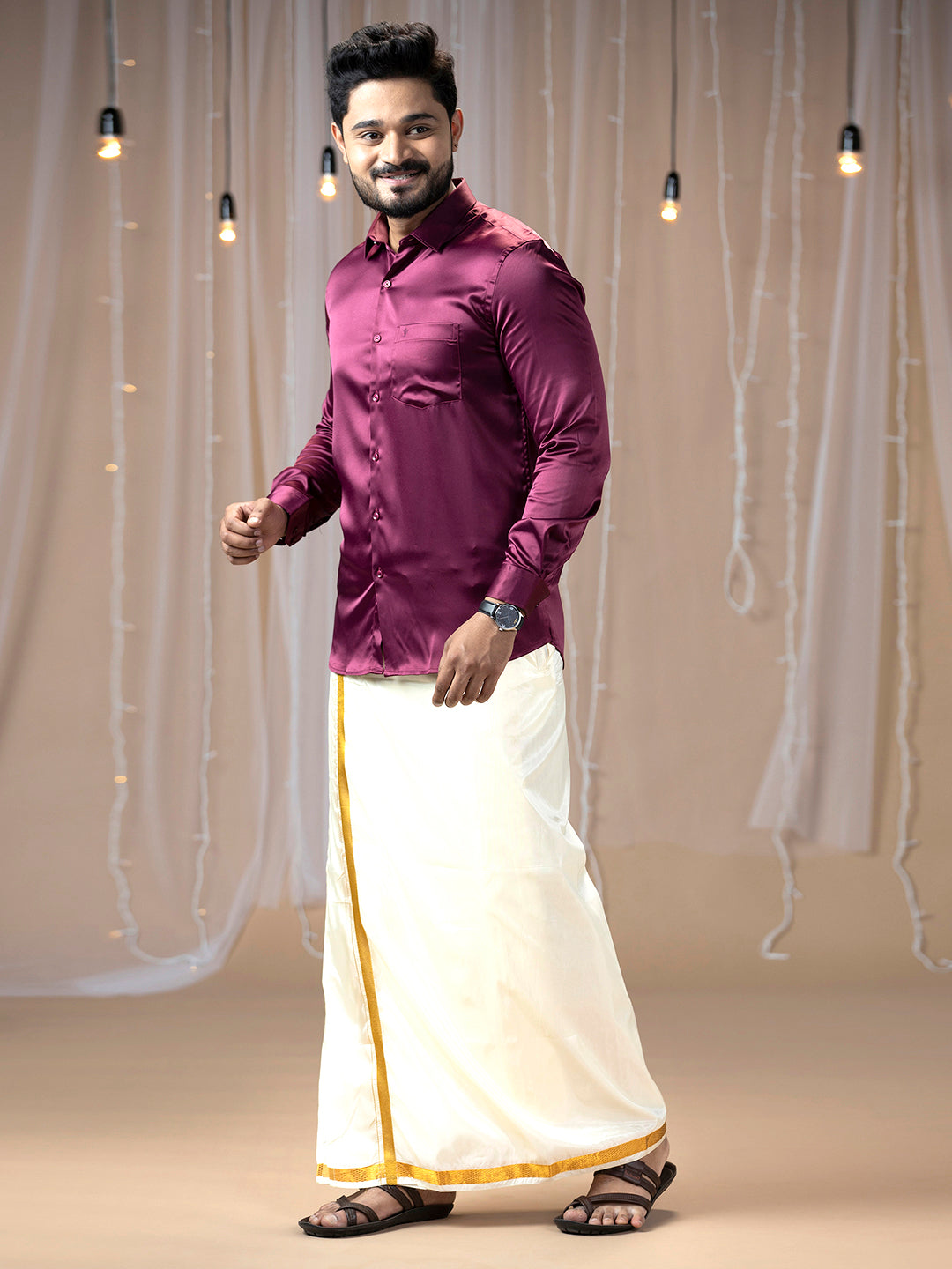 Mens Purple Full Sleeves Shirt with Art Silk Double Dhoti Combo PS7-Side alternative view