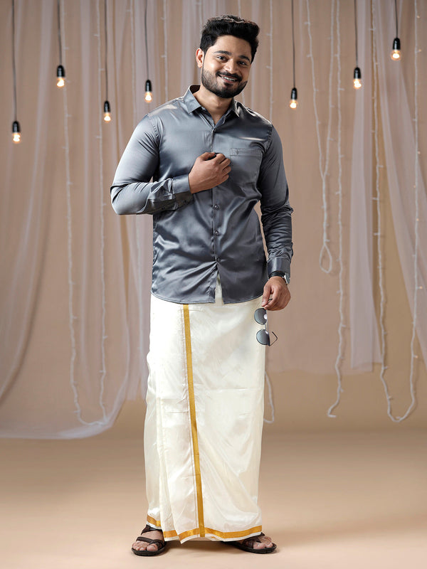 Mens Grey Full Sleeves Shirt with Art Silk Double Dhoti Combo PS2