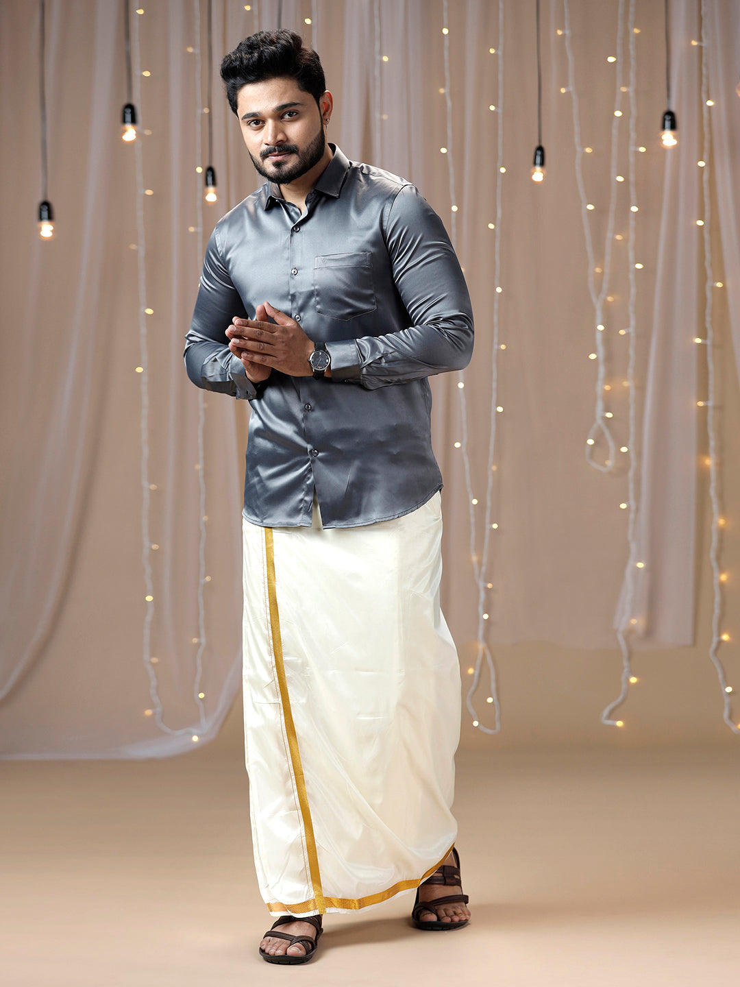 Mens Grey Full Sleeves Shirt with Art Silk Double Dhoti Combo PS2-Front view