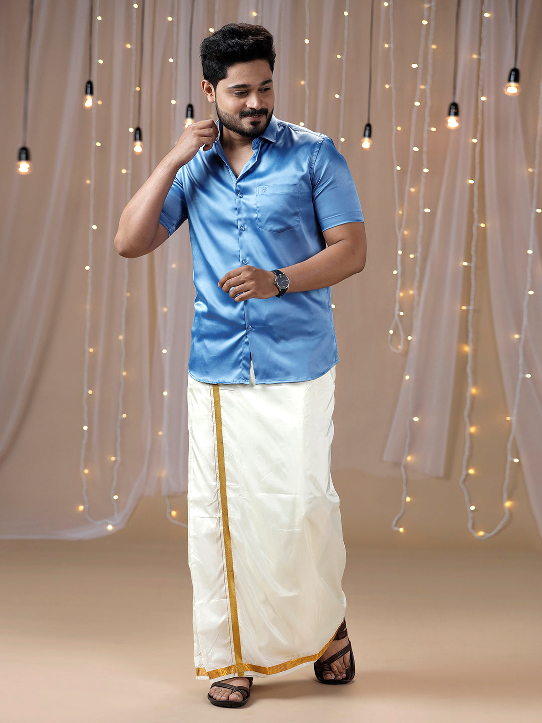 Mens Sky Blue Half Sleeves Shirt with Art Silk Double Dhoti Combo PS6-Front view