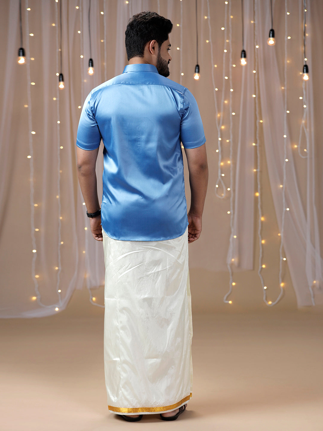 Mens Sky Blue Half Sleeves Shirt with Art Silk Double Dhoti Combo PS6-Back view