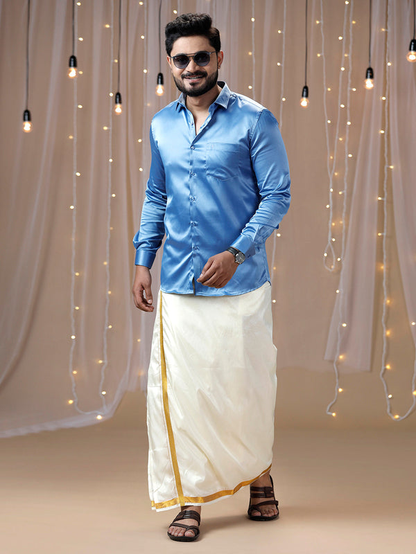 Mens Sky Blue Full Sleeves Shirt with Art Silk Double Dhoti Combo PS6