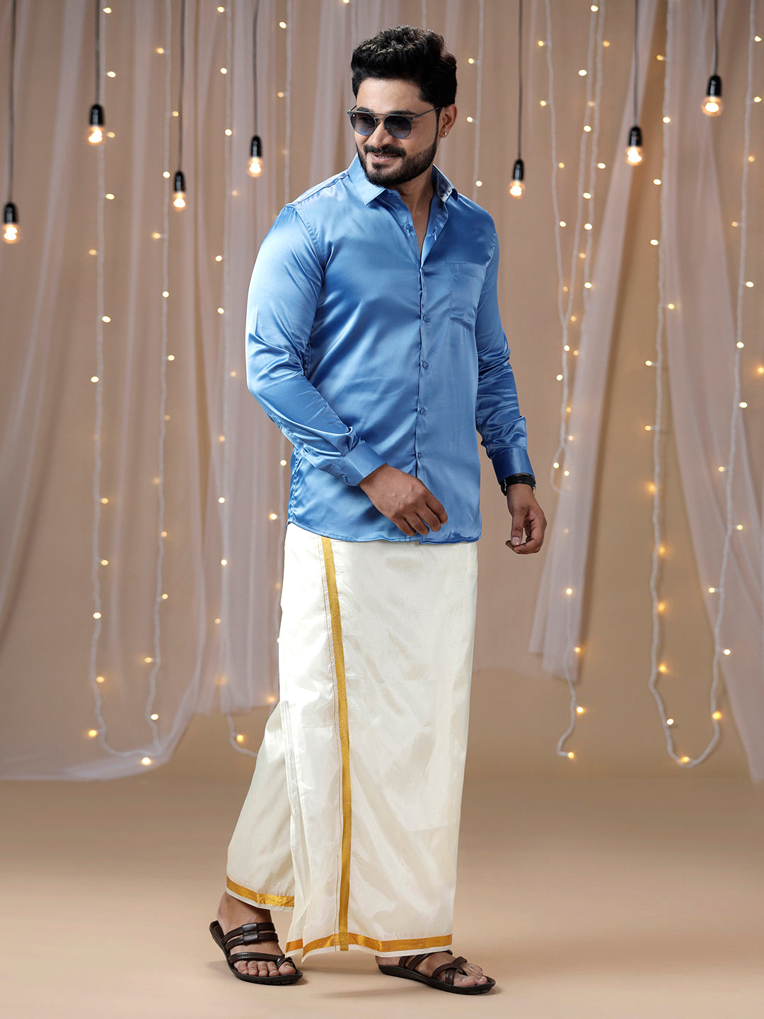 Mens Sky Blue Full Sleeves Shirt with Art Silk Double Dhoti Combo PS6-Side view