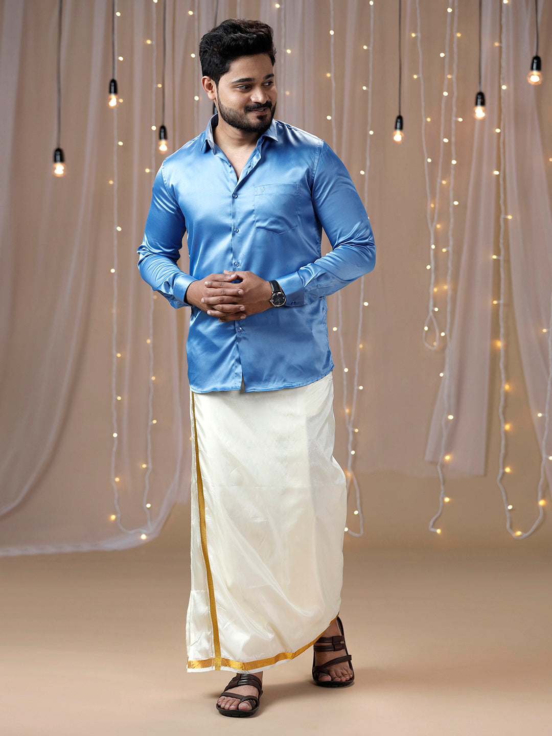 Mens Sky Blue Full Sleeves Shirt with Art Silk Double Dhoti Combo PS6-Front view