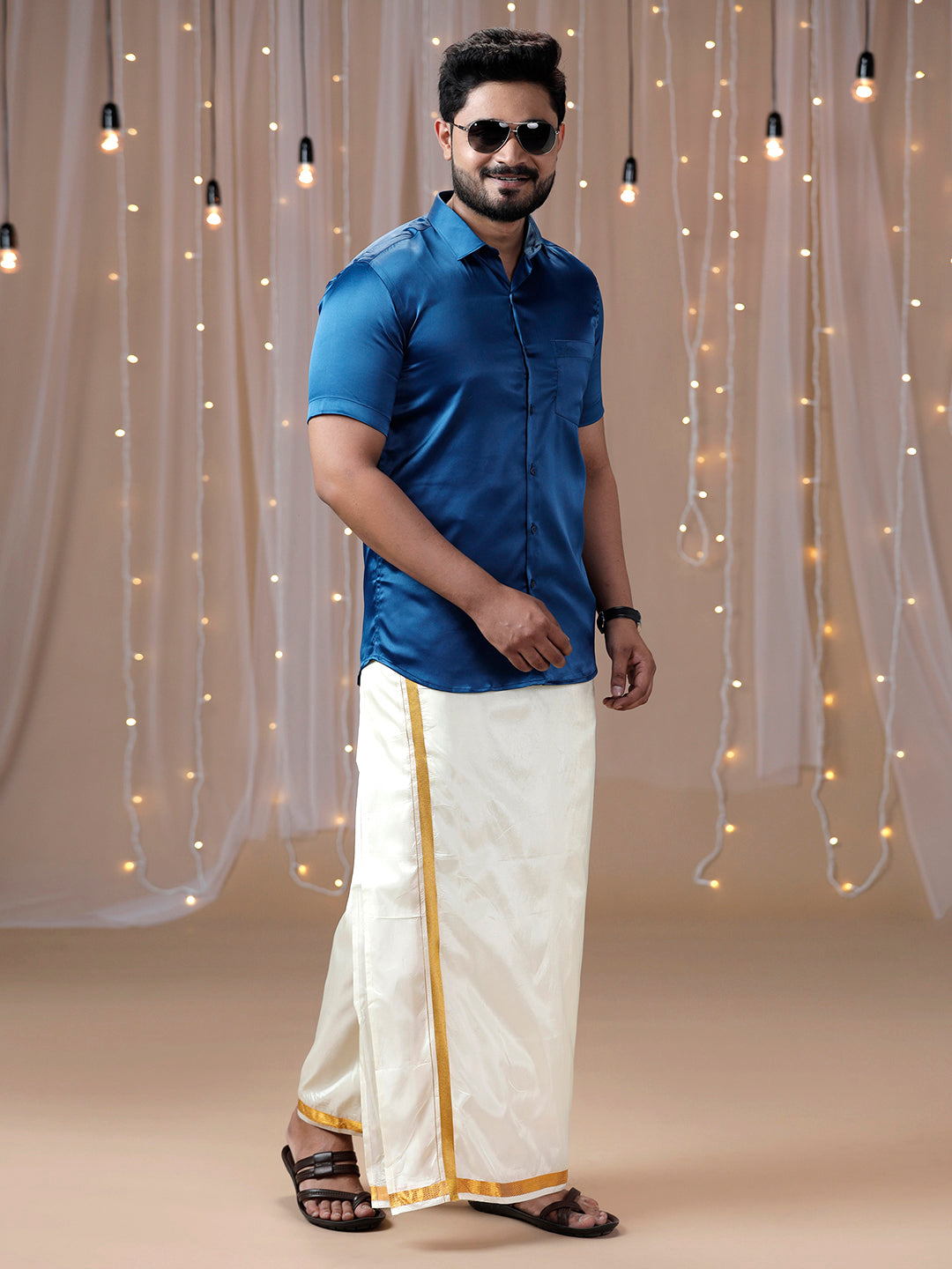 Mens Dark Blue Half Sleeves Shirt with Art Silk Double Dhoti Combo PS4-Side view
