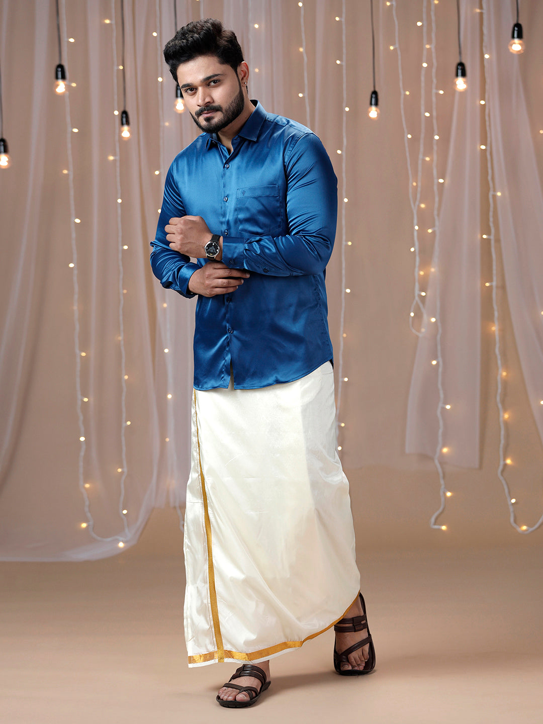 Mens Dark Blue Full Sleeves Shirt with Art Silk Double Dhoti Combo PS4-Front view