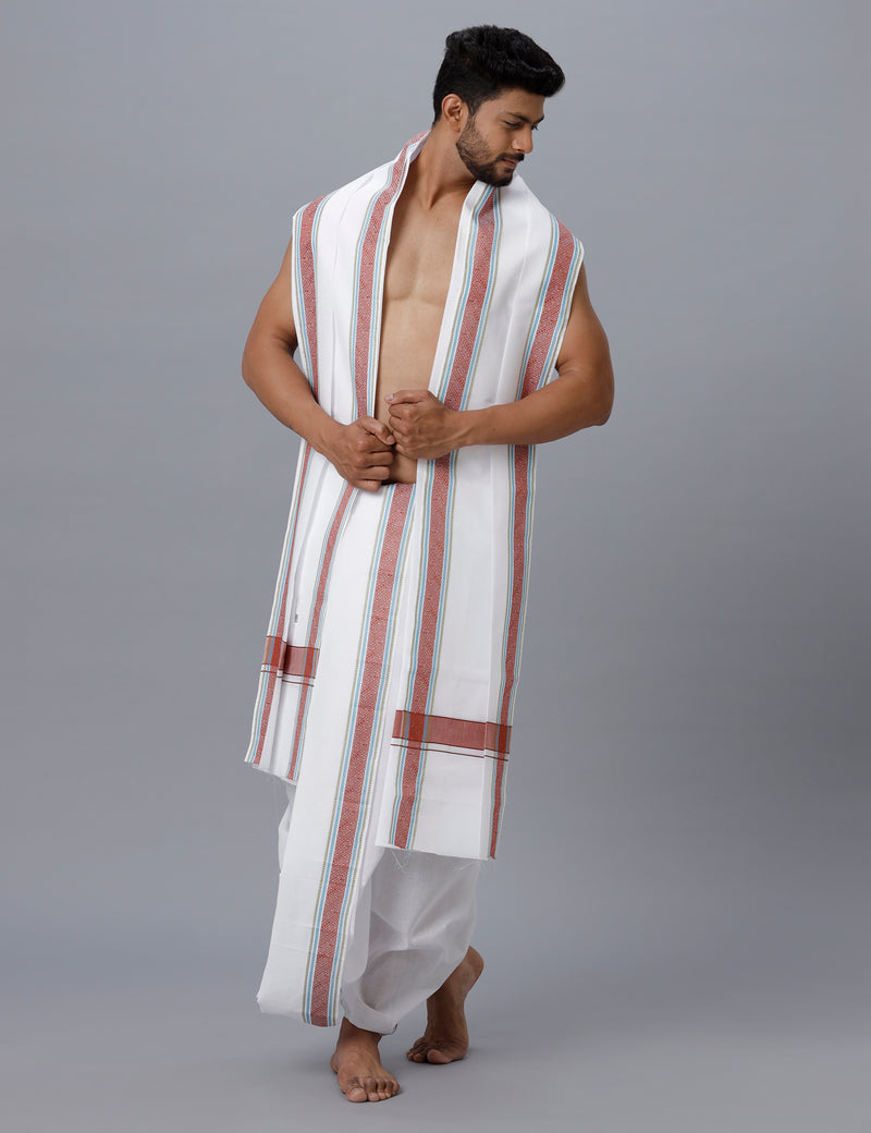 Mens White Panchakacham with Angavasthram Brown Fancy Border Jaivardhan (10+6)