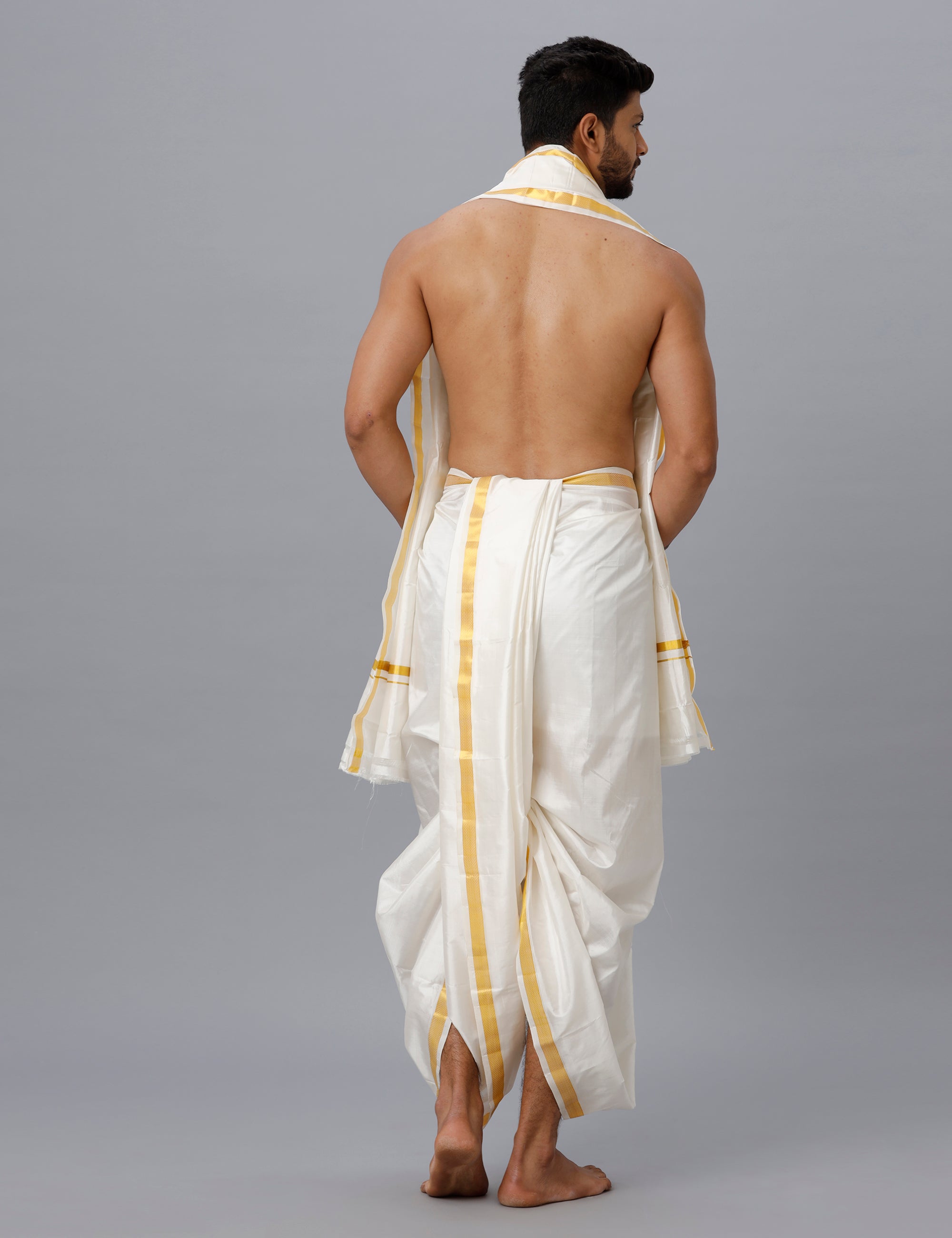 Men Art Silk Cream Panchakacham with Angavasthram Set Mangala Charan (8+4)