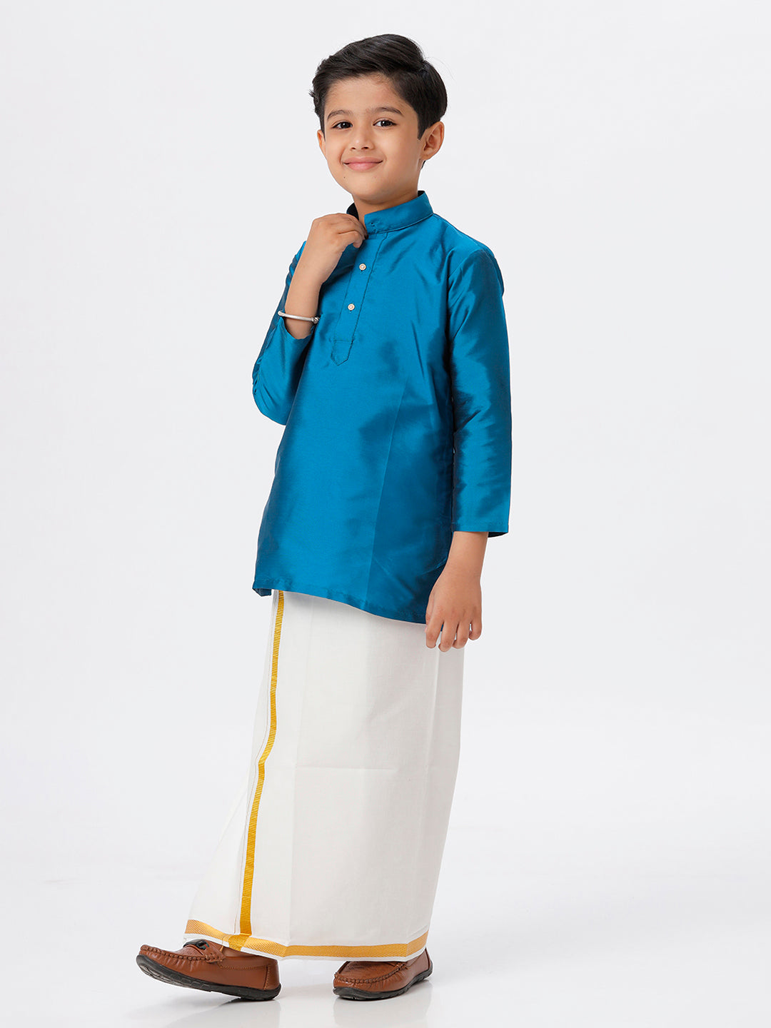 Boys Silk Cotton Full Sleeves Ramar Blue  Kurta with Gold Jari Dhoti Combo