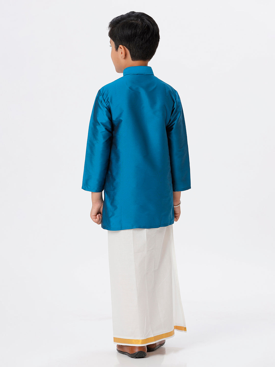 Boys Silk Cotton Full Sleeves Ramar Blue  Kurta with Gold Jari Dhoti Combo